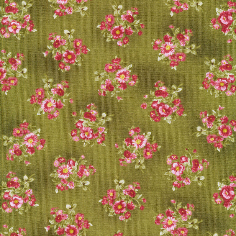 Fabric with pink flower bunches on a dark green tonal background