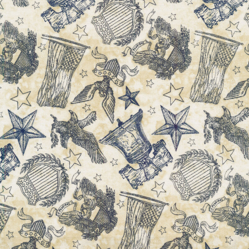 Light tan mottled fabric with blue toile accents of American flags, bald eagles, liberty bells, and shields