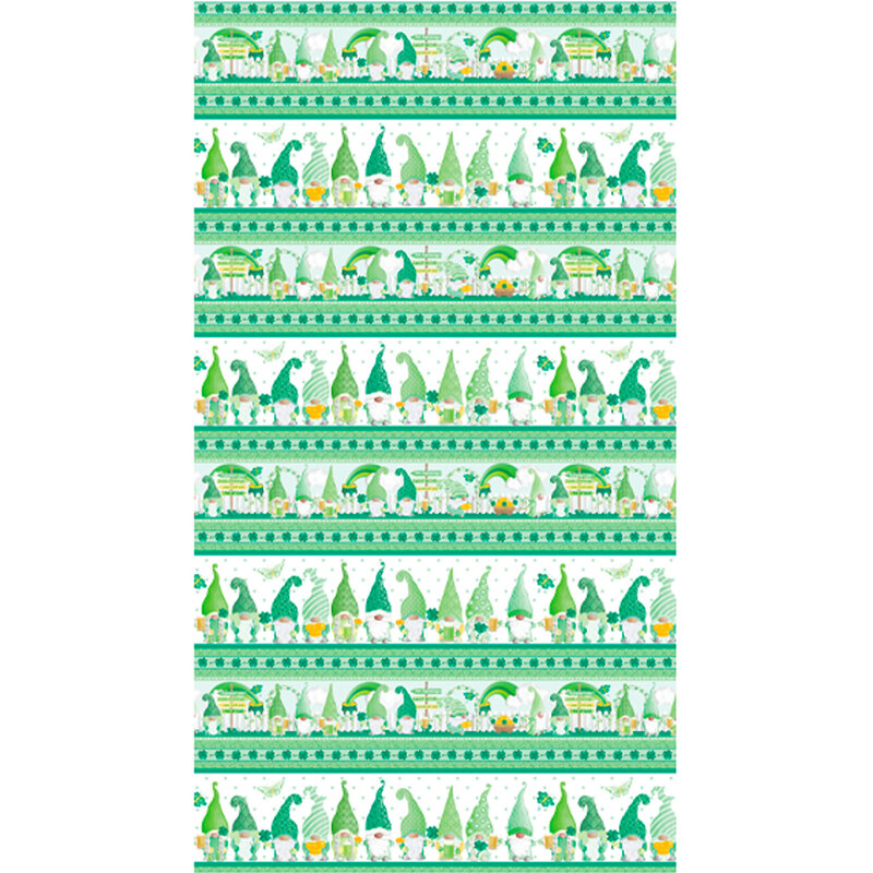 A border stripe fabric with rows of green stripes against a white background with gnomes having fun