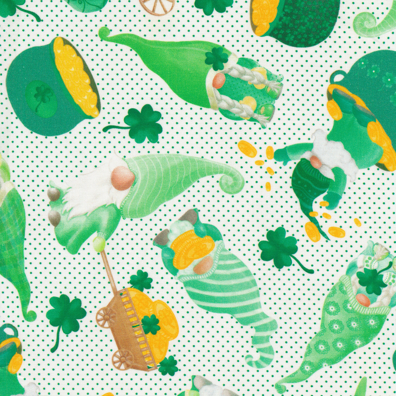 Fabric with tossed gnomes and gold coins all over a white background with small green polka dots