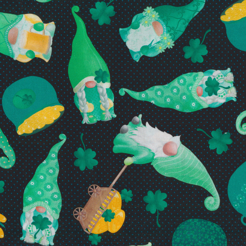 Fabric with tossed gnomes and gold coins all over a black background with small green polka dots