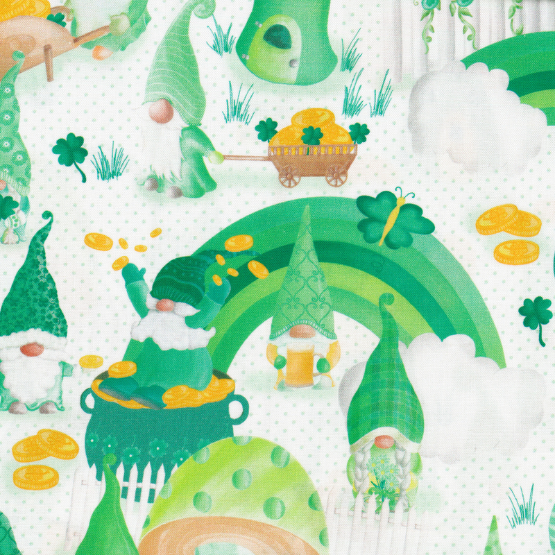 White fabric with gnomes, gold coins, rainbows, mushroom homes, and small dots all over