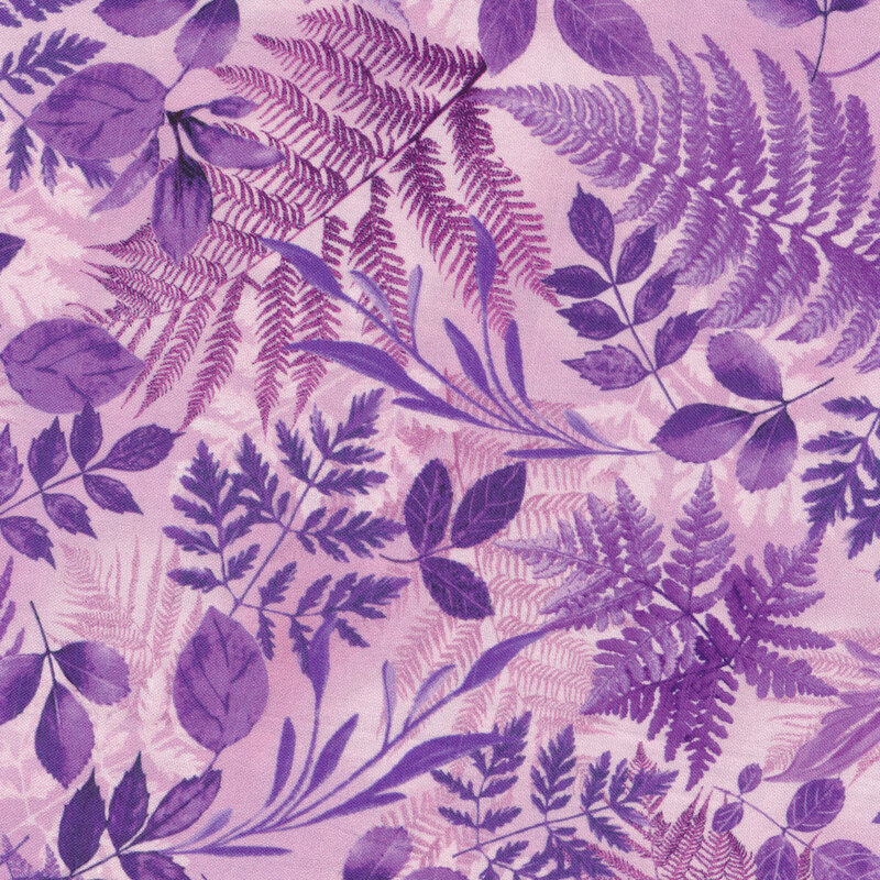 Light purple fabric with a variety of dark purple leaves and vines all over