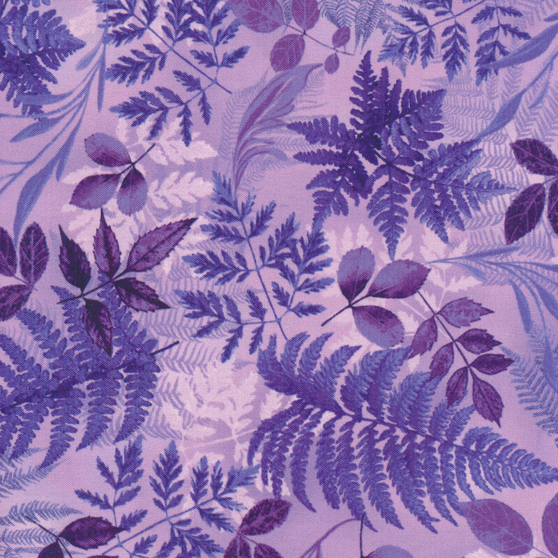 Lilac purple fabric with a variety of dark purple leaves and vines all over