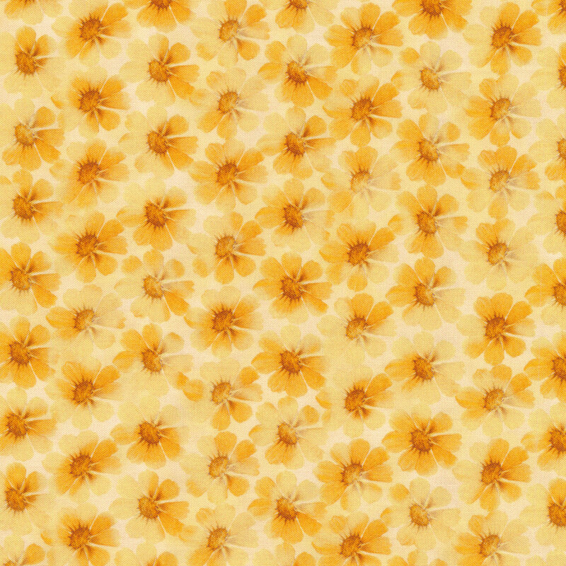 Light yellow fabric with dark yellow flowers all over