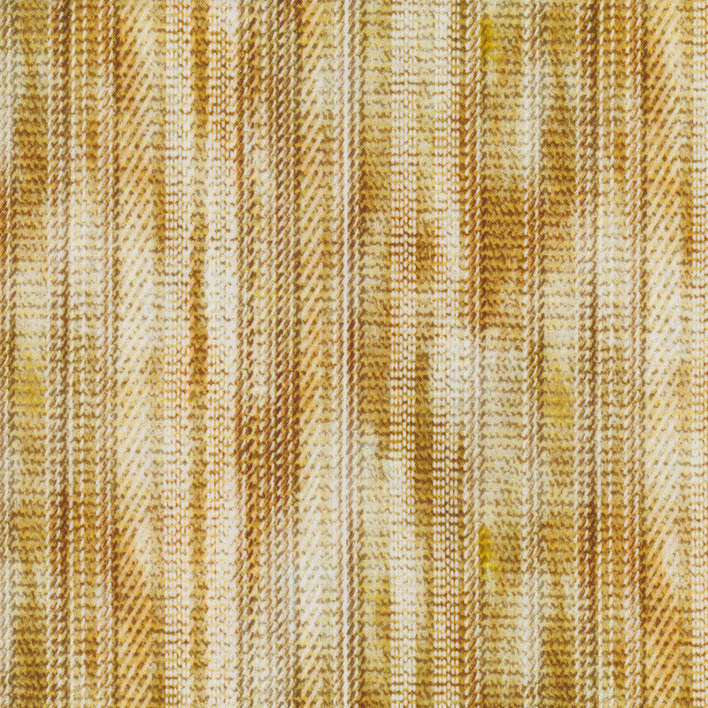 Brown and yellow mottled fabric with stripes that have a woven look