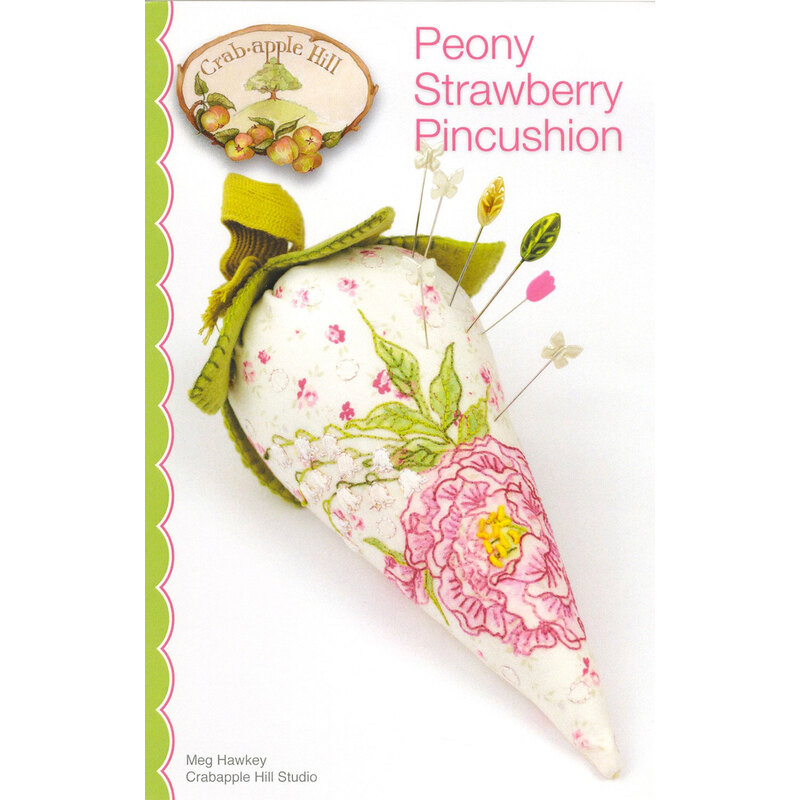 The front of the Peony Strawberry Pincushion pattern by Crabapple Hill Studio