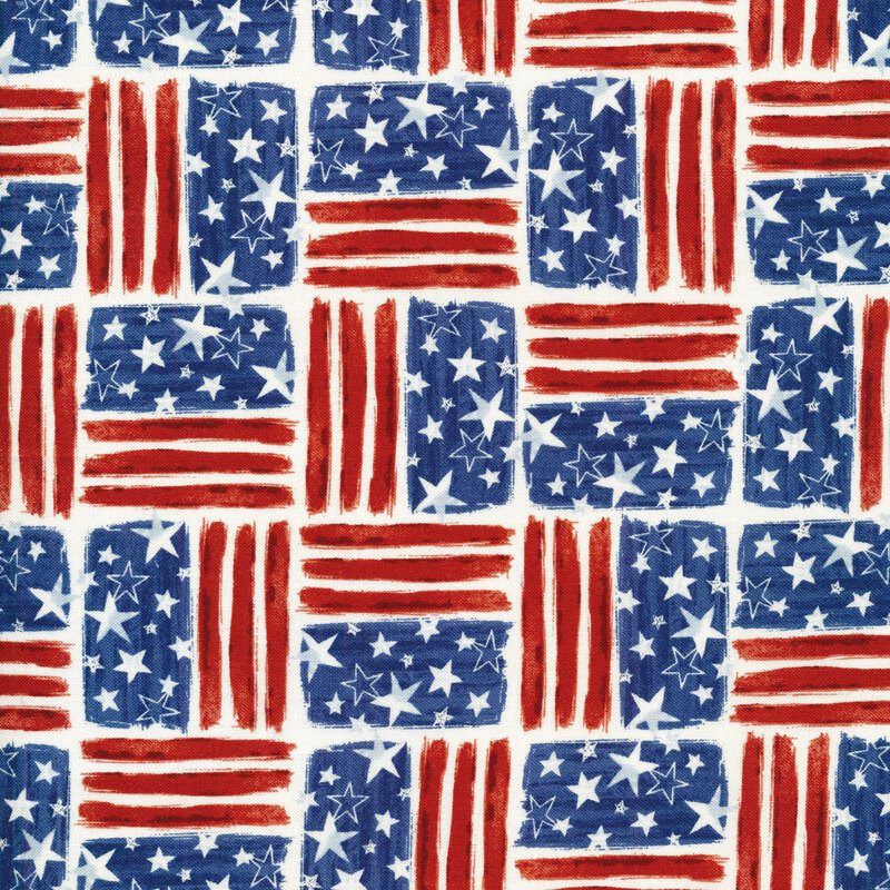 Fabric with squares of alternating American flag blocks