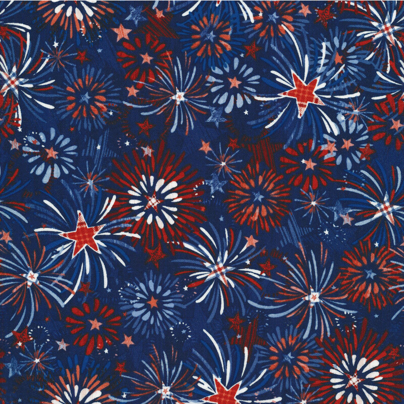 Blue fabric with colorful firework star bursts and stars all over