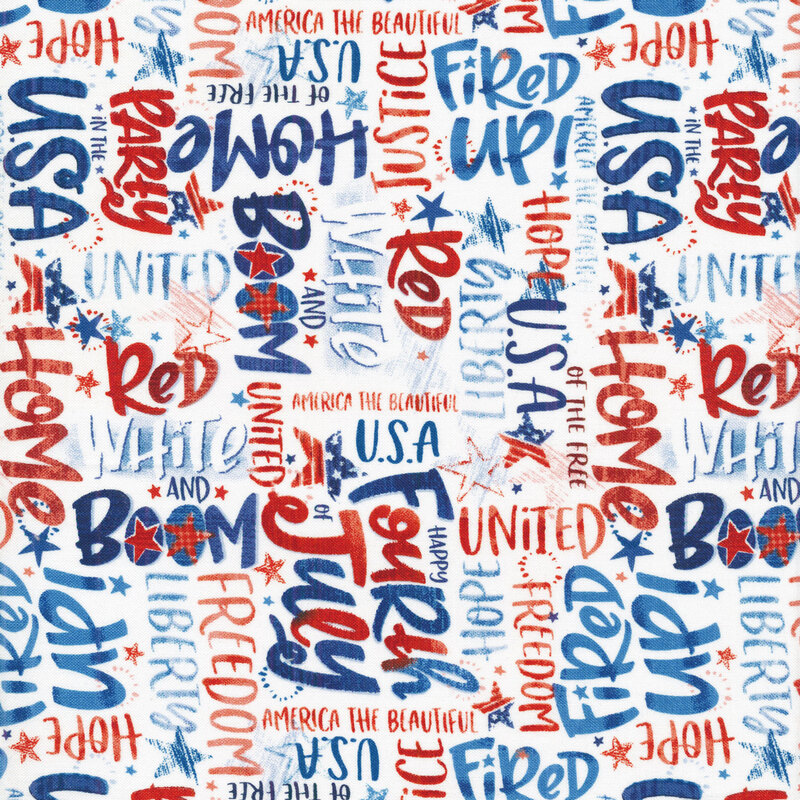 White fabric with red, white, and blue words and phrases with small stars all over