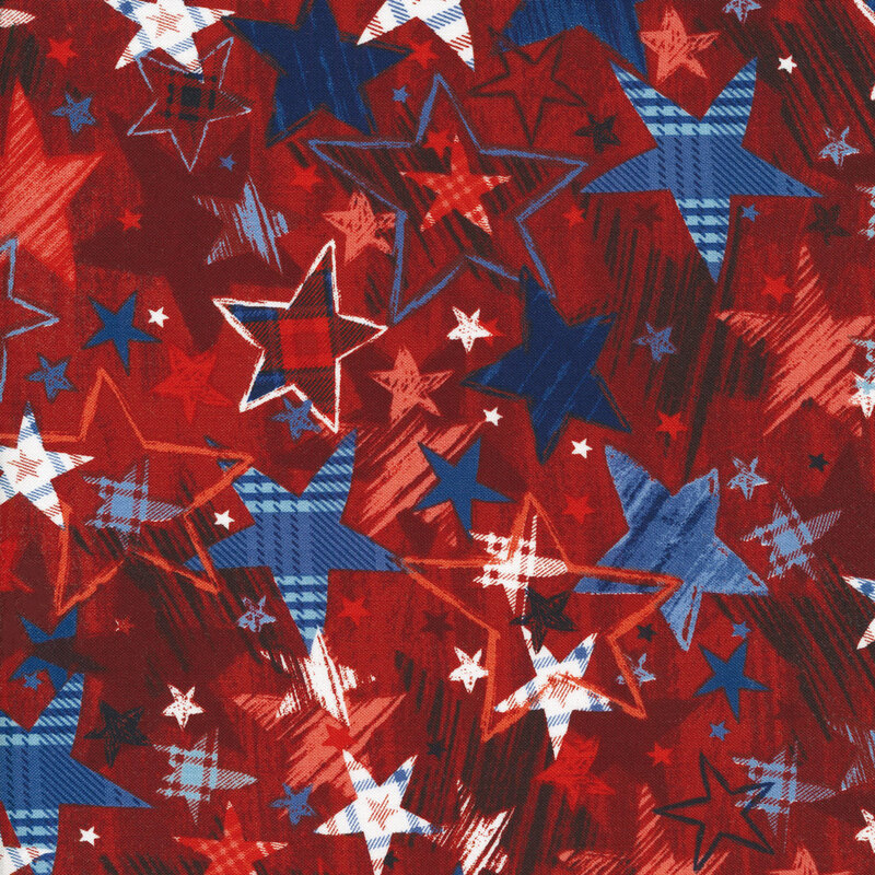 Red fabric with a brushed look covered in red, white, blue, and black stars
