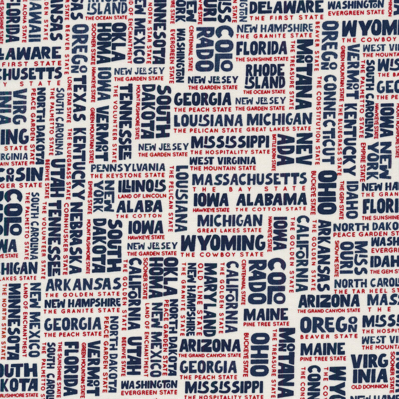 Cream fabric with red and navy state names packed together