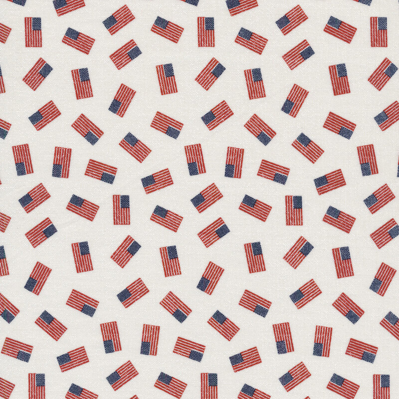 Cream fabric with red white and blue American flags tossed