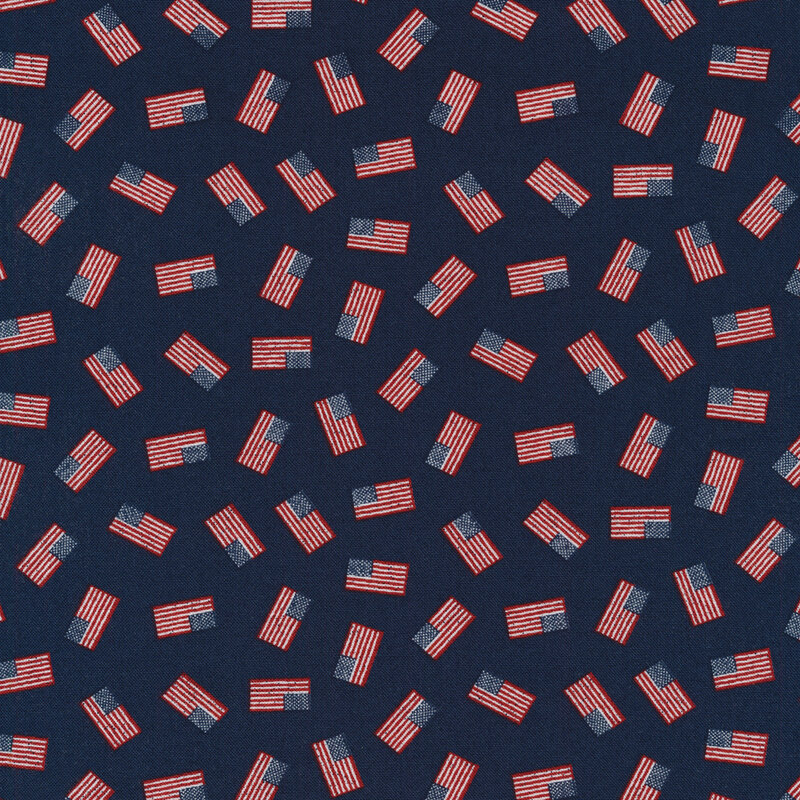 navy fabric with red white and blue American flags tossed