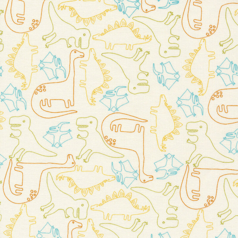 blue, yellow, green and orange outlines of dinosaurs on a cream background