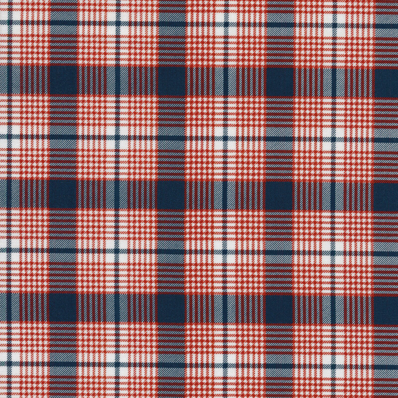 light blue and navy plaid fabric with narrow red accents