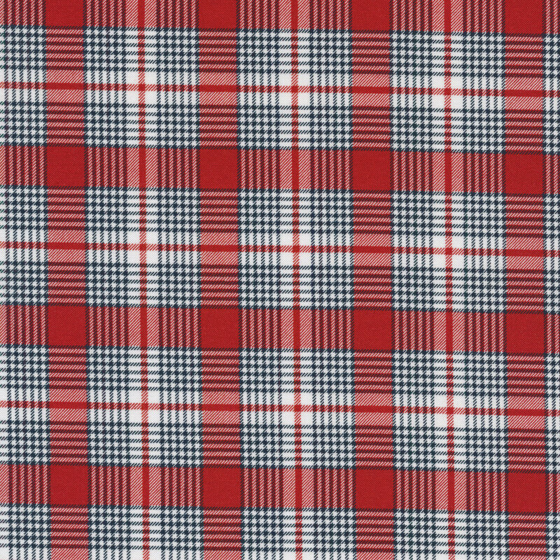 red and white plaid fabric with narrow navy accents