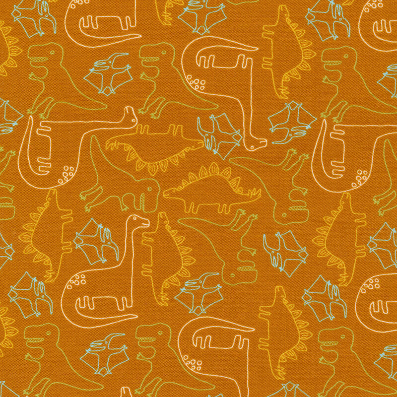 yellow, green and blue dinosaur outlines on a dark orange background