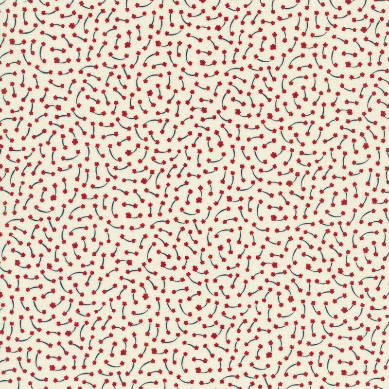 Cream fabric with small red floral or burst shapes with navy lines connecting pairs, tossed all over
