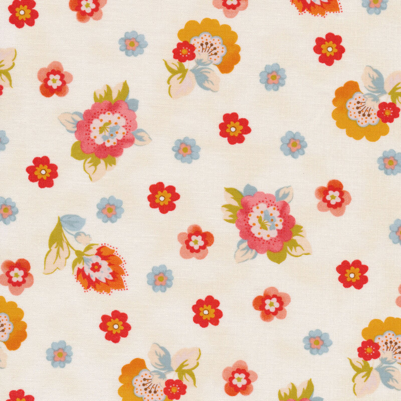 White fabric with small red and blue tossed flowers