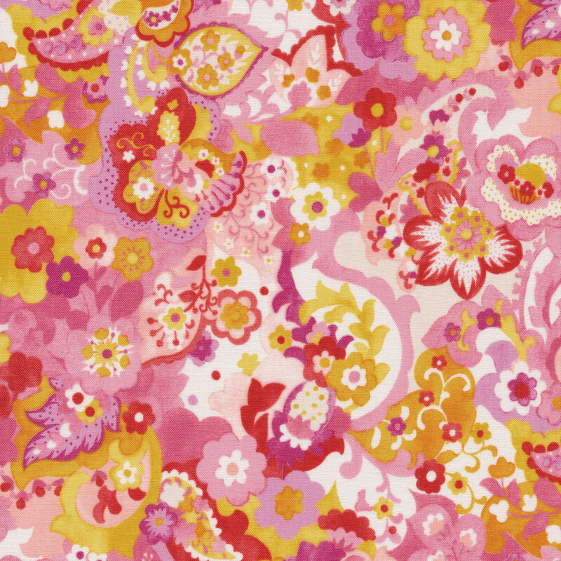 pink fabric with colorful paisleys, pastel flowers, and swirls and vines all over