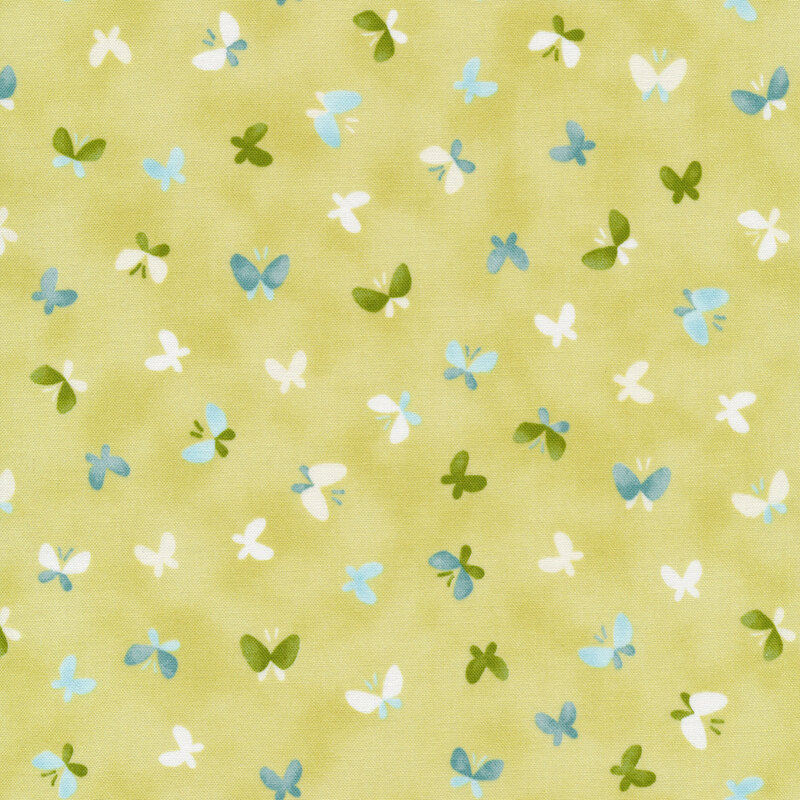 Light green fabric with blue, green, and white ditsy butterflies
