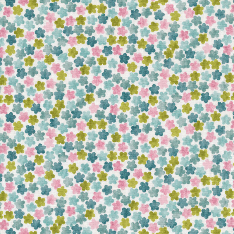 Colorful fabric with blue, light blue, pink, and green packed flowers all over a white background