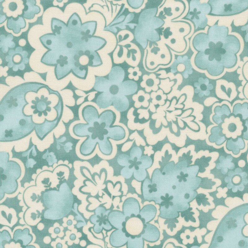 White fabric with tonal light blue flowers all over