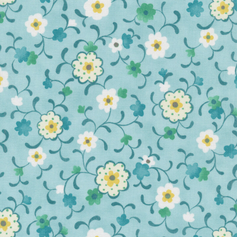 Light blue fabric with white flowers and dark blue vines