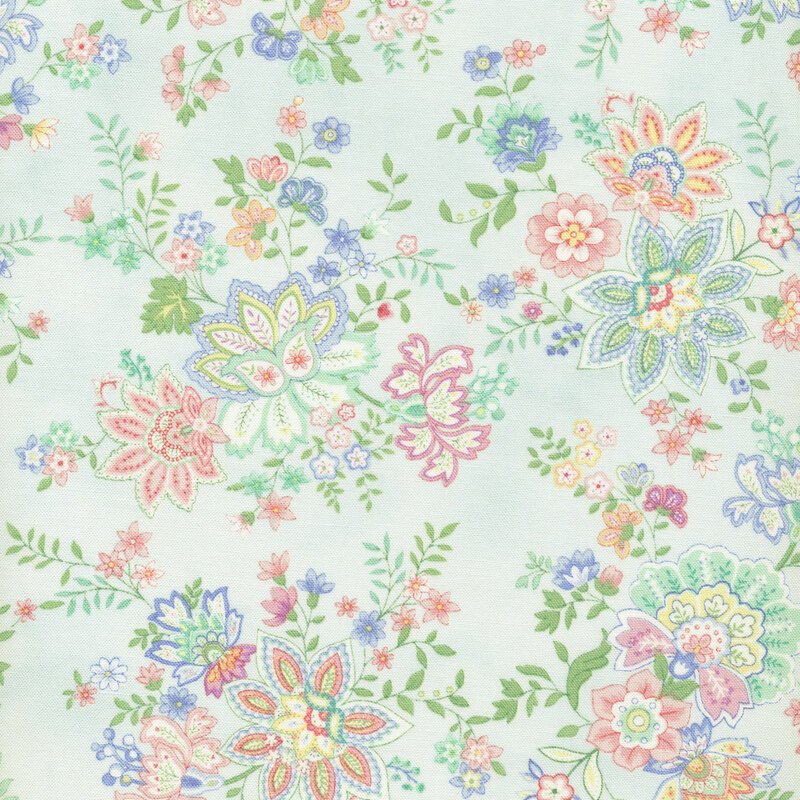 fabric with pink and light purple flowers on a light aqua background