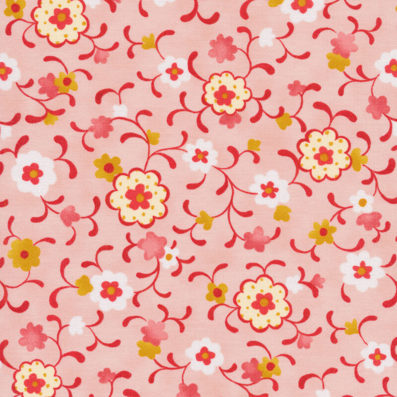 Light pink fabric with white and yellow florals and dark red vines all over