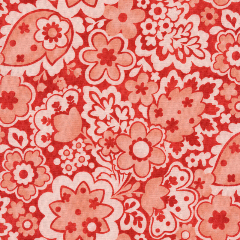 Fire red fabric with light pink flowers and white outlines all over