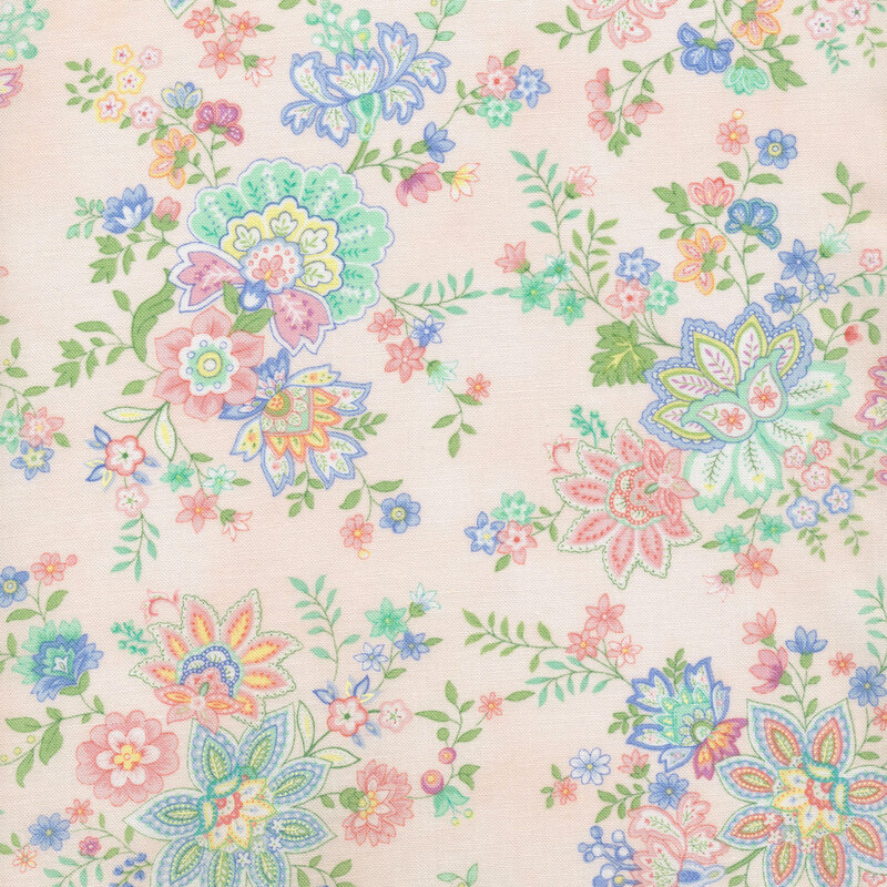 fabric with pink and blue flowers on a light pink background