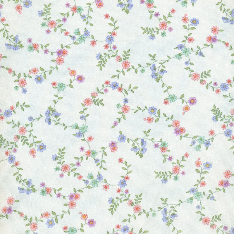 fabric with pink and light purple flowers on vines across aqua background