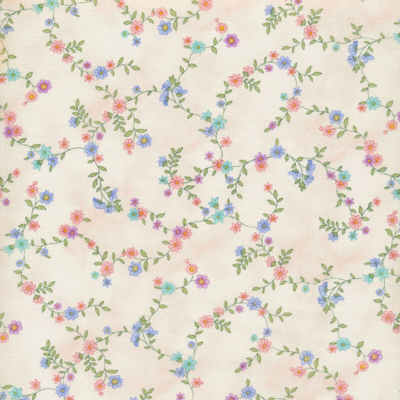 fabric with pink and light purple flowers on vines across light pink background