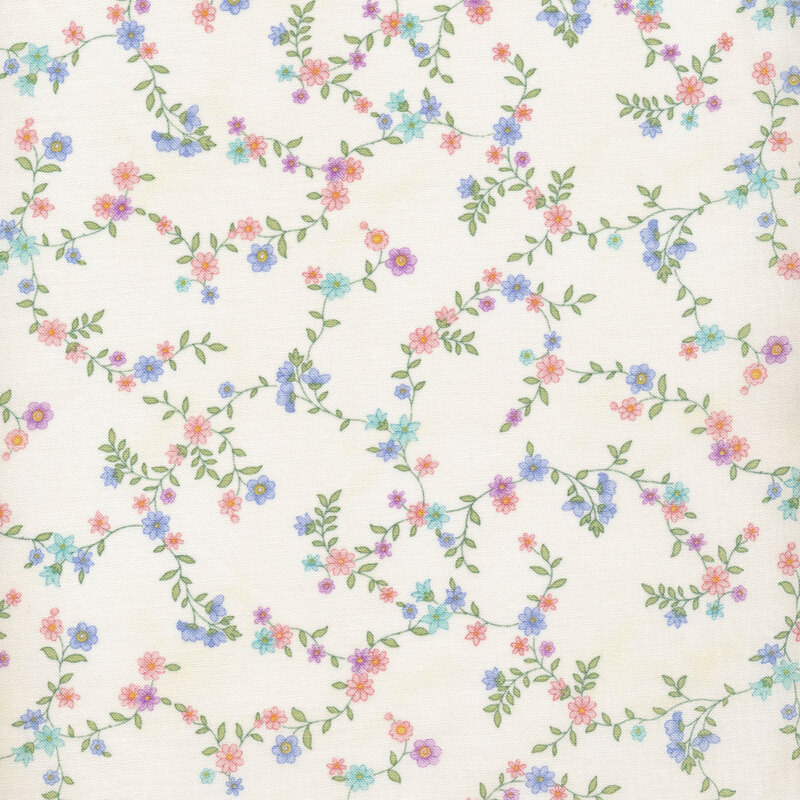 fabric with pink and light purple flowers on vines across cream colored background