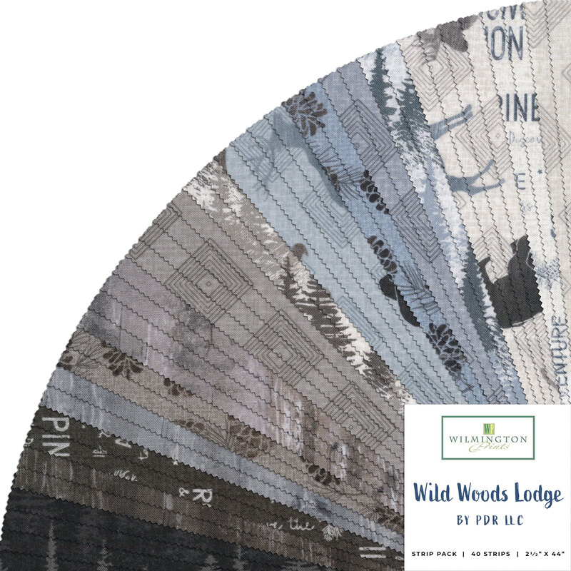 A spiral of fabrics included in the wild woods lodge strip pack, consisting of mostly grey scale and blueish fabrics
