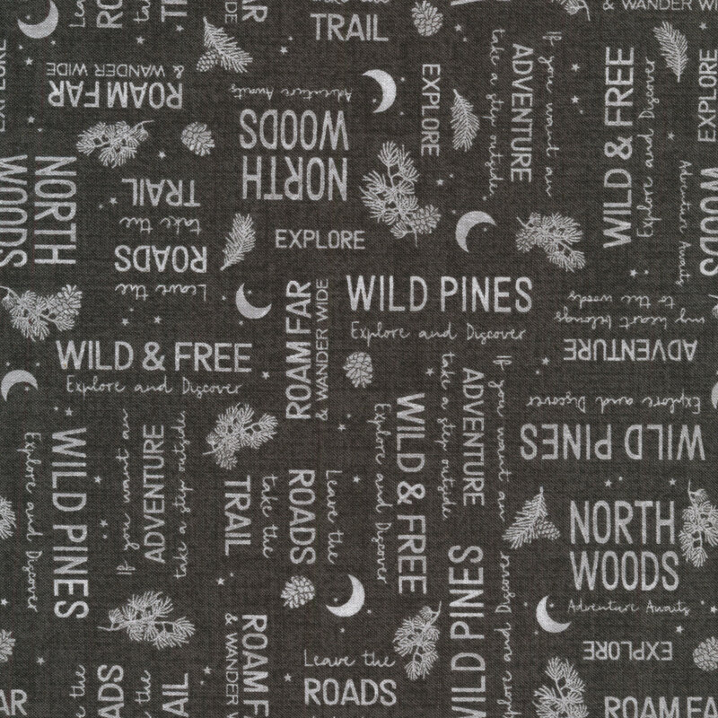 outdoors sayings printed in beige on a dark charcoal background