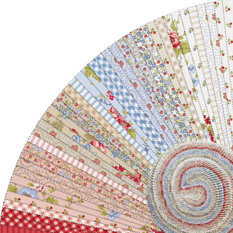 collage of fabrics included in the Sweet Liberty jelly roll