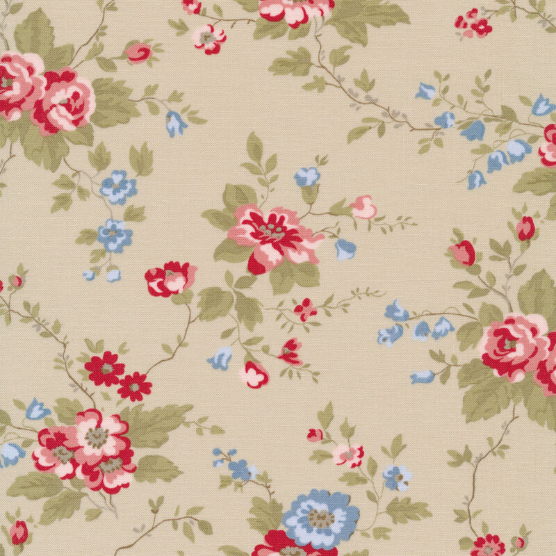 taupe fabric with trailing flower clusters featuring red roses and blue and red flowers