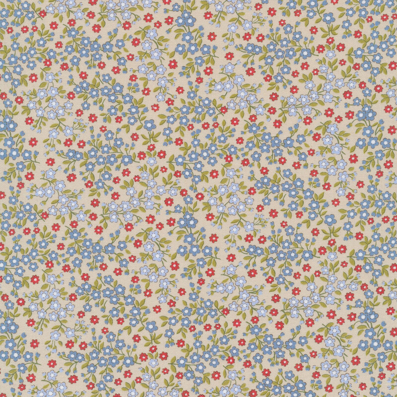 taupe fabric with small packed flowers in blue, light blue, and red with green leaves