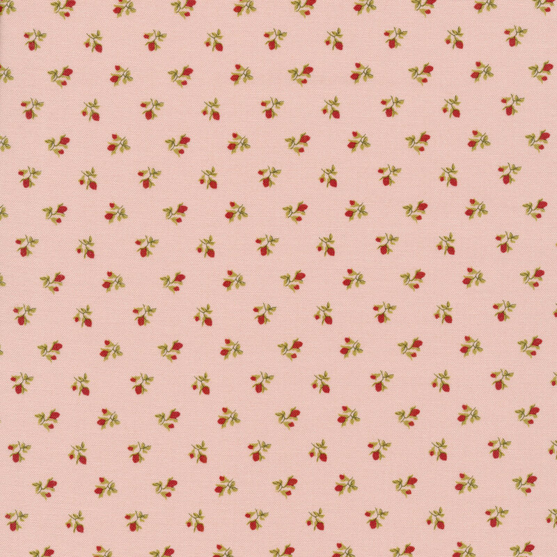 dusty pink fabric featuring tossed red flowers, stemmed and with green leaves