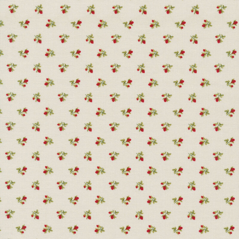 taupe fabric featuring tossed red flowers, stemmed and with green leaves
