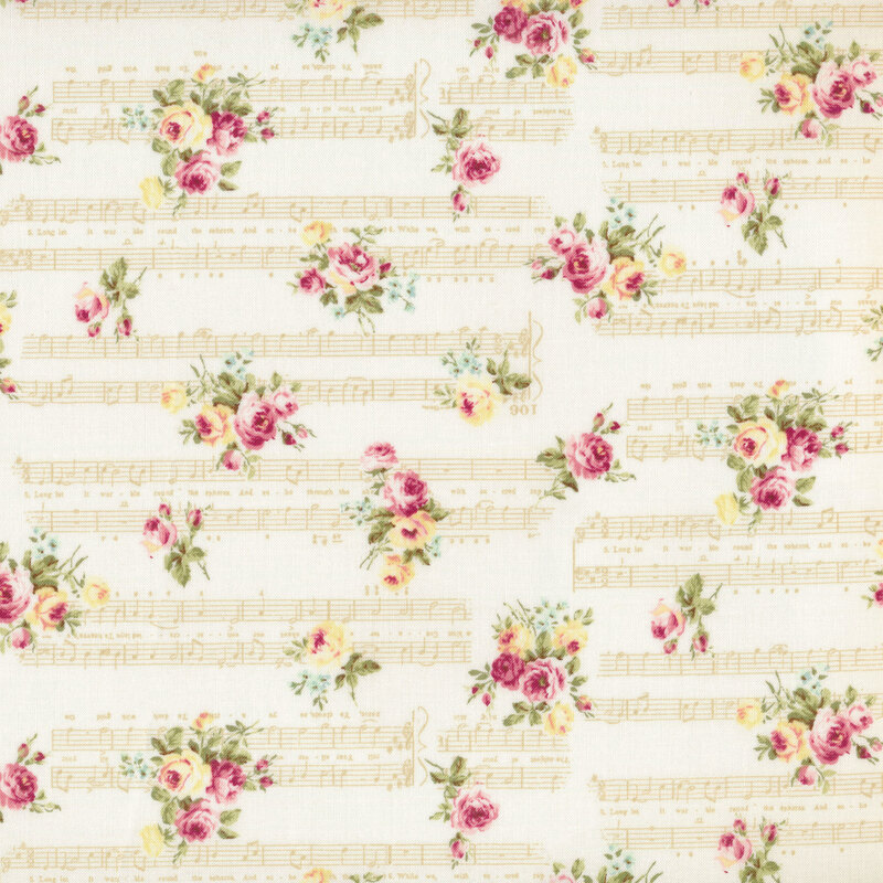 cream and pink flowers on a cream background with antique sheet music 
