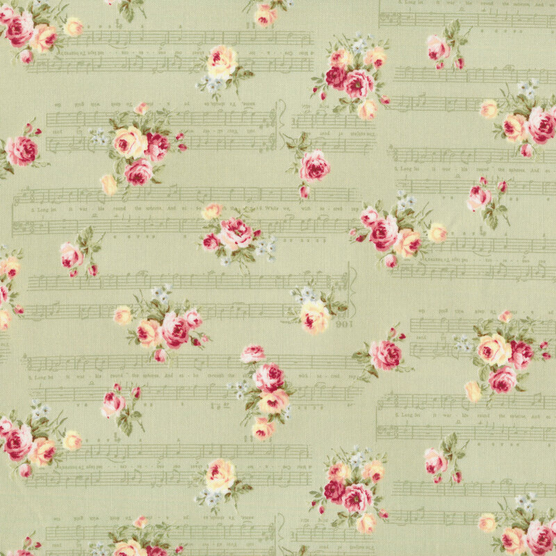 cream and pink flowers on a light green background with antique sheet music 
