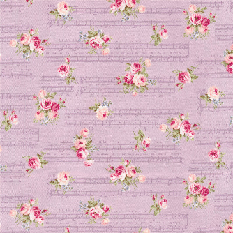 cream and pink flowers on a light purple background with antique sheet music 