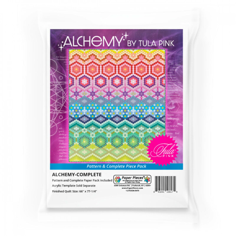 Front of the Alchemy complete paper pack featuring a colorful finished quilt using one of Tula Pink's fabric collections