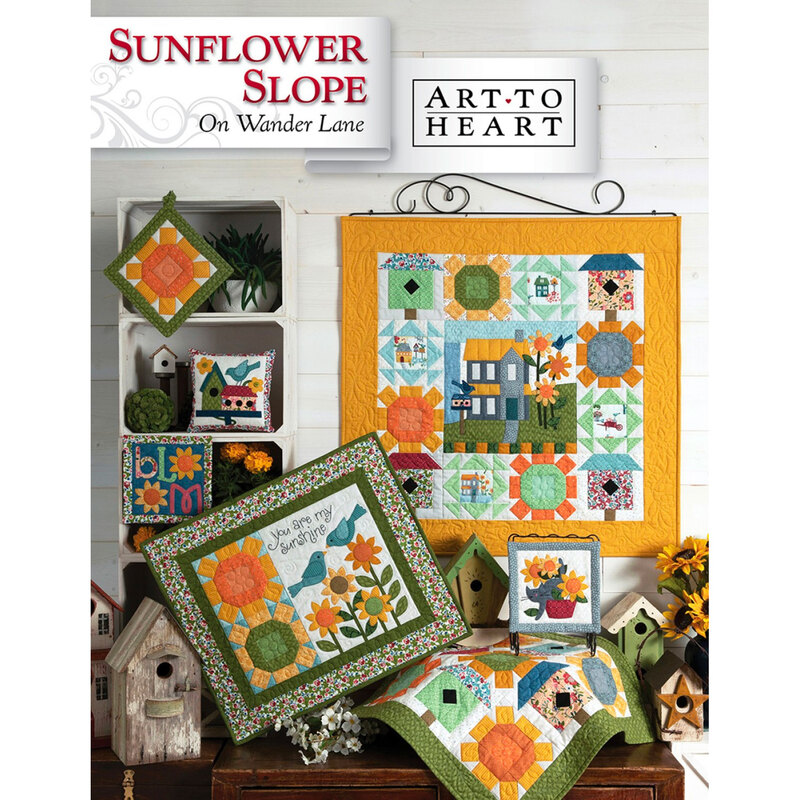 front of Sunflower Slope block pattern book, showing finished block and additional finished projects