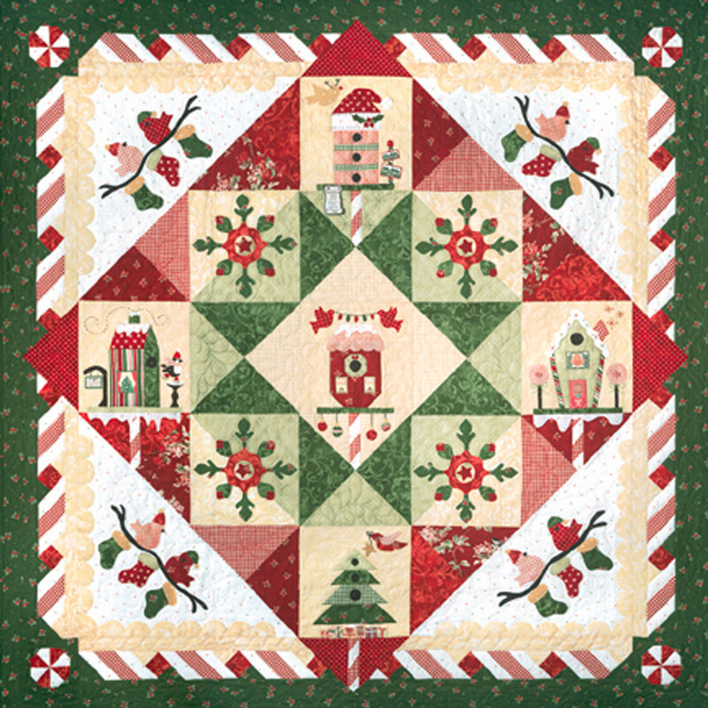 finished quilt featuring birdhouses, snowflakes, and candy cane stripes