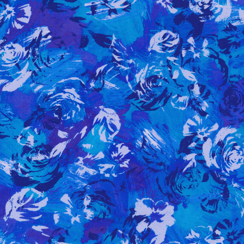 abstract roses painted in light and dark purple on a mottled blue background